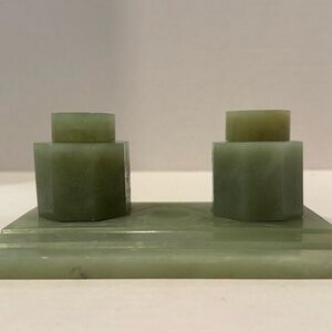 Vintage Chinese Carved Green Onyx Double Inkwell Desk Set • Scholar’s Desk Objec